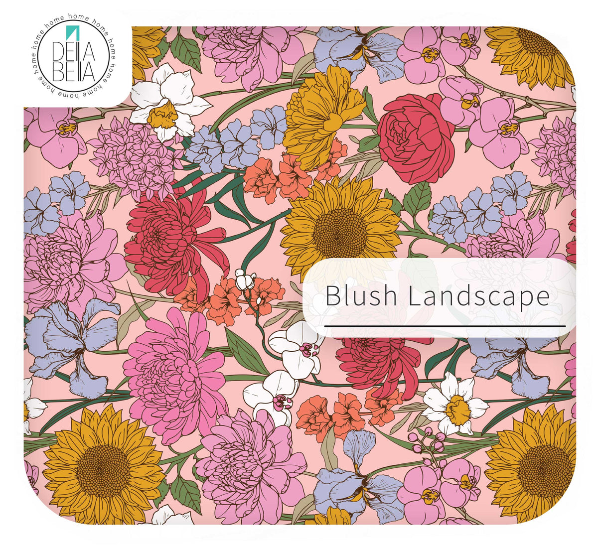 Floral patterned furniture sticker with 'Blush Landscape' text and Delta Bella logo.