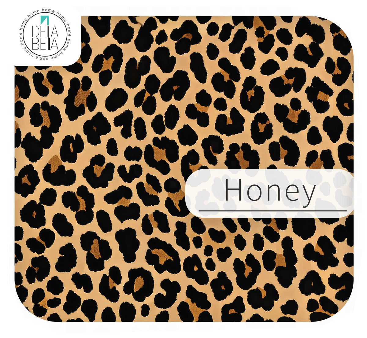  Close-up of Della Bella sticky back plastic in Honey leopard print. A light tan, beige, and black animal print peel and stick vinyl wrap for neutral maximalist furniture wrapping and door detail strips.