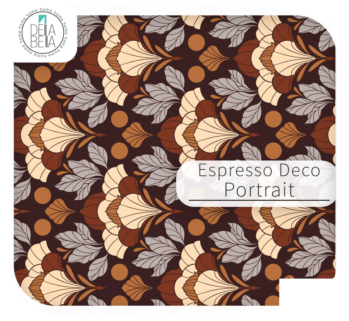 A repeating decorative vinyl wrap  pattern labeled 'Espresso Deco Portrait' in a white label, with a circular 'Debi Bella' logo in the top-left corner. The design features retro floral motifs in cream, tan, brown, and gray on a dark brown background.