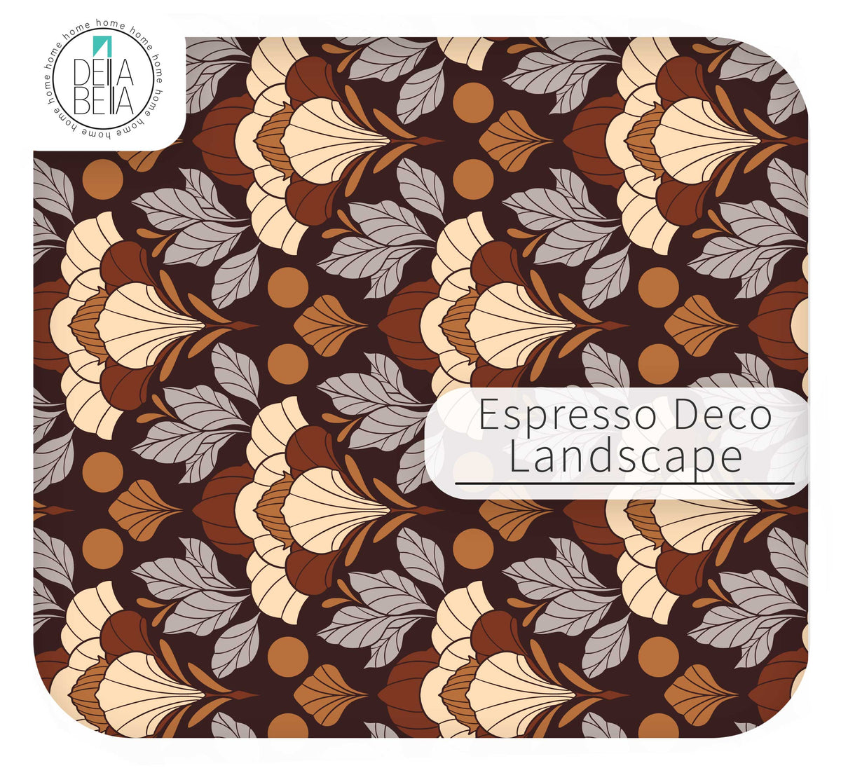 A repeating decorative vinyl wrap  pattern labeled 'Espresso Deco Landscape' on a rounded square tile, with a circular 'Deba Bella' logo in the top-left corner. The design features retro floral and leaf motifs in dark brown, tan, cream, and muted gray on a dark brown background.