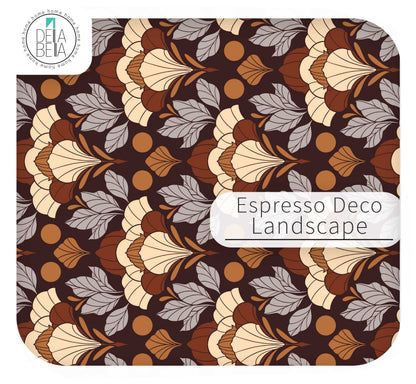 A repeating decorative vinyl wrap  pattern labeled 'Espresso Deco Landscape' on a rounded square tile, with a circular 'Deba Bella' logo in the top-left corner. The design features retro floral and leaf motifs in dark brown, tan, cream, and muted gray on a dark brown background.