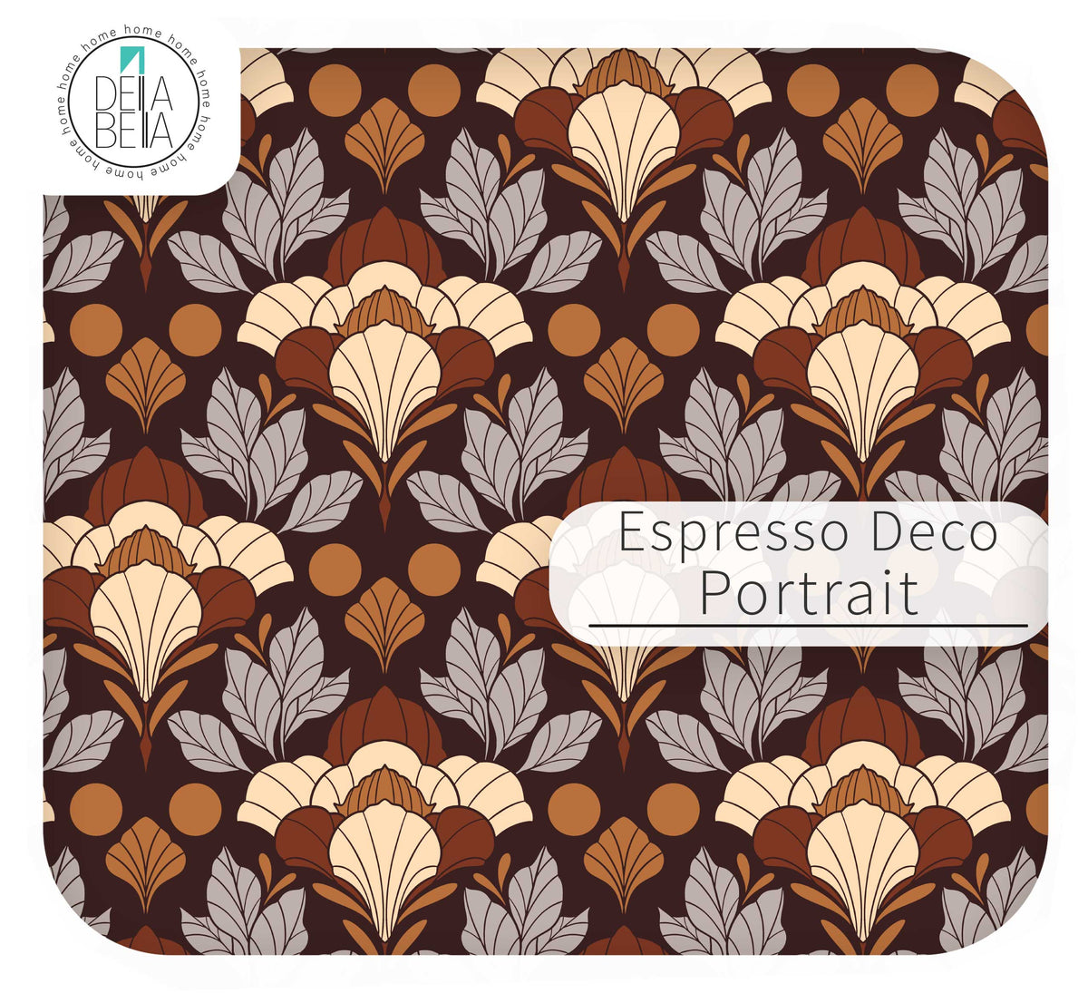 A vinyl wrap  Art Deco style pattern labeled 'Espresso Deco Portrait' on a rounded square card, with a circular 'Debra Bella' logo in the top-left corner. The design features cream, tan, brown, and light gray motifs on a dark espresso brown background.