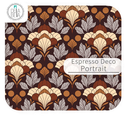 A vinyl wrap  Art Deco style pattern labeled 'Espresso Deco Portrait' on a rounded square card, with a circular 'Debra Bella' logo in the top-left corner. The design features cream, tan, brown, and light gray motifs on a dark espresso brown background.