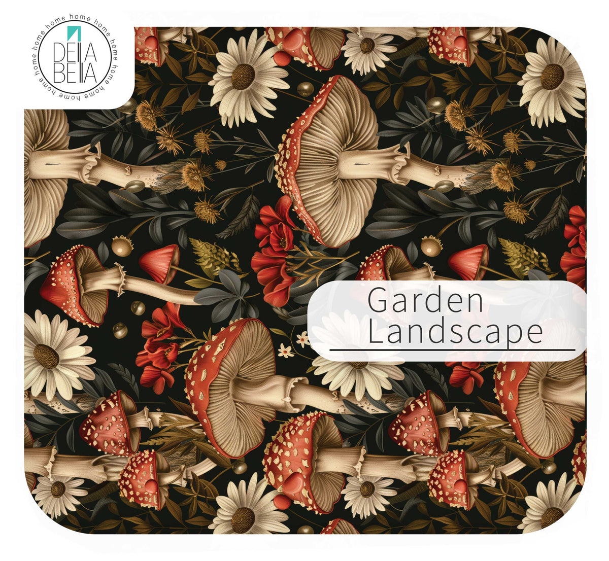 living room side table vinyl wrapping  mushrooms and flowers labeled 'Garden Landscape' by Delta Belia.