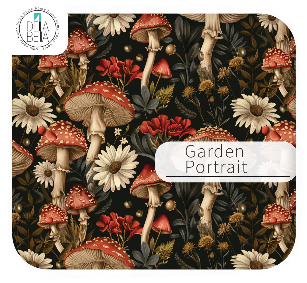 furniture cabinets sticker garden-themed design featuring mushrooms and flowers, branded 'Delfa Bella'.