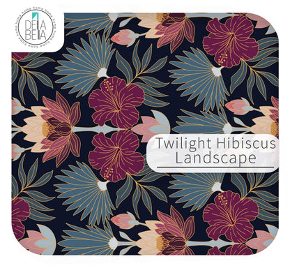 A vinyl wrap  floral pattern labeled 'Twilight Hibiscus Landscape' on a rounded square card or print. The design shows large twilight-toned hibiscus flowers and fan-like leaves on a dark navy background, with a Dela Bella logo in the top-left corner.