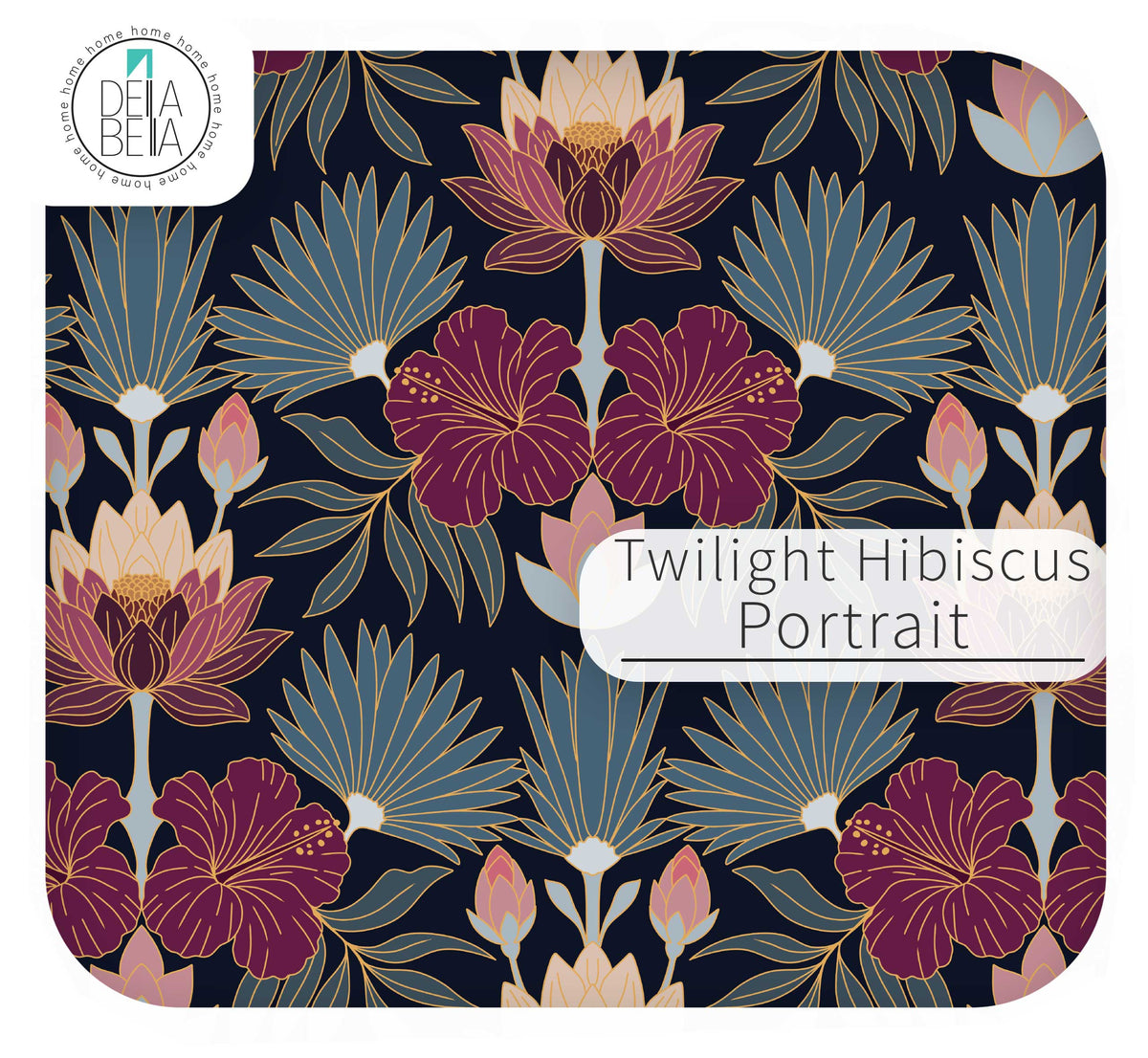 A vinyl wrap  design preview with rounded corners, featuring a repeating floral pattern labeled 'Twilight Hibiscus Portrait.' The design shows large magenta-purple hibiscus flowers, muted blue-green palm-like leaves, and pale blush buds on a very dark navy background.