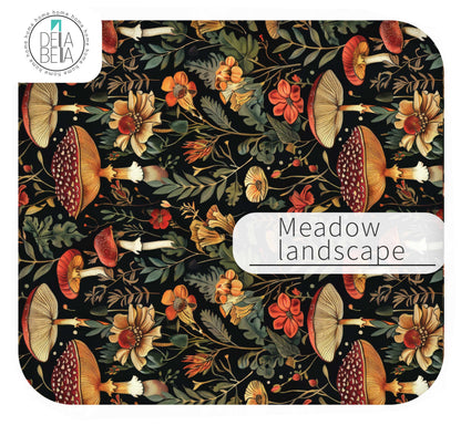 kitchen cabinet product with mushrooms and flowers labeled 'Meadow landscape' by Delta Bela.