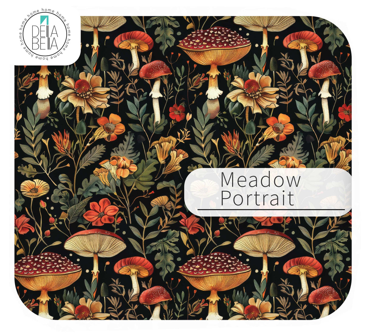 kitchen cabinets vinyl with mushrooms and flowers labeled 'Meadow Portrait' by Delta Belia.