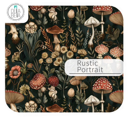 kitchen cabinet vinyl wrapping with mushrooms and flowers labeled 'Rustic Portrait' by Delta Belia.