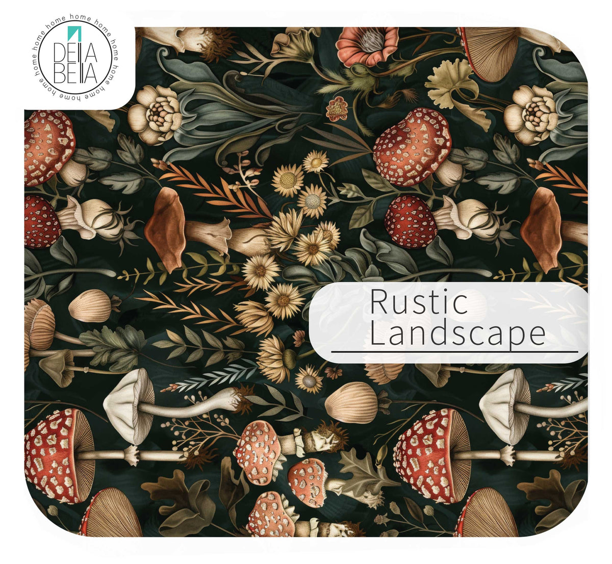 furniture vinyl sticker Patterned design with mushrooms and flowers labeled 'Rustic Landscape' by Delta Belia.