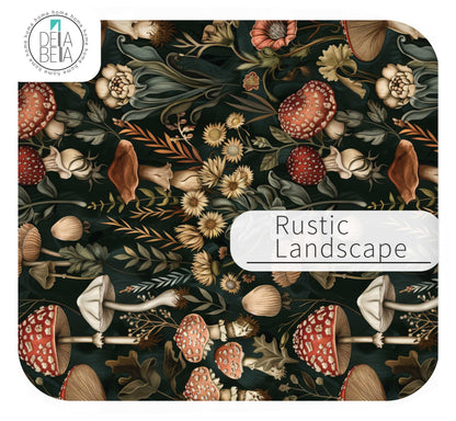 furniture vinyl sticker Patterned design with mushrooms and flowers labeled 'Rustic Landscape' by Delta Belia.