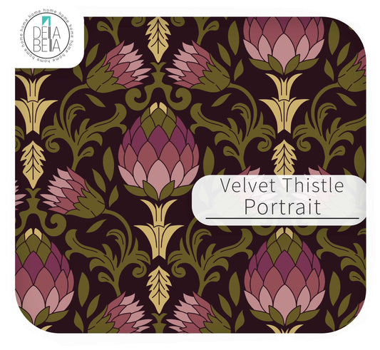 A square vinyl wrap  sample with rounded corners, featuring a repeating symmetrical floral pattern labeled 'Velvet Thistle Portrait.' The design shows large thistle-like flowers in pink, mauve, and olive green on a very dark brown background.