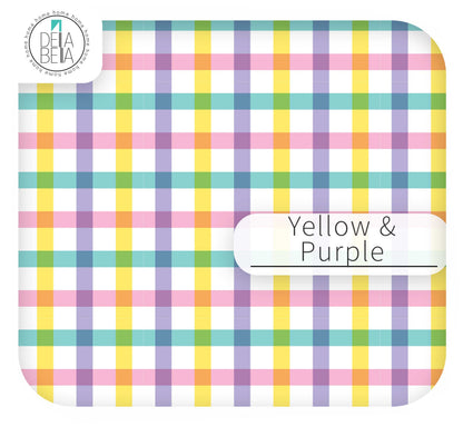 Yellow and Purple gingham sticky back plastic for furniture and cupboard doors - Della Bella UK.