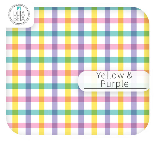 Yellow and Purple gingham sticky back plastic for furniture and cupboard doors - Della Bella UK.