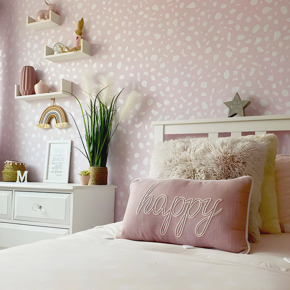 girls bedroom with a confortable bed and beautiful Dalmatian wall stickers 