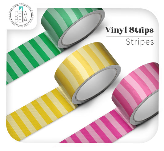 Three rolls of Stripes vinyl wall borders in Sage Green, Mustard Yellow, and Candy Pink. Self-adhesive, waterproof stripes perfect for bathroom borders and playful door edges