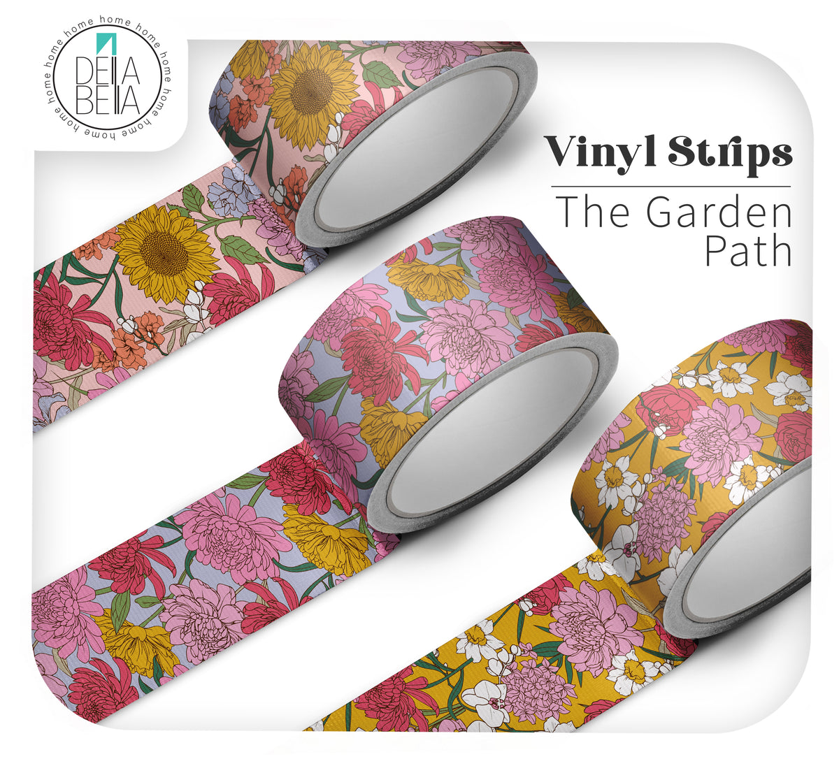 Three rolls of The Garden Path botanical vinyl strips in Blush, Mist, and Honey colourways. Bold floral peel and stick borders for maximalist door edge and staircase customisation.