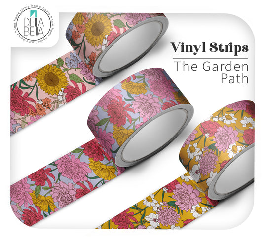 Three rolls of The Garden Path botanical vinyl strips in Blush, Mist, and Honey colourways. Bold floral peel and stick borders for maximalist door edge and staircase customisation.