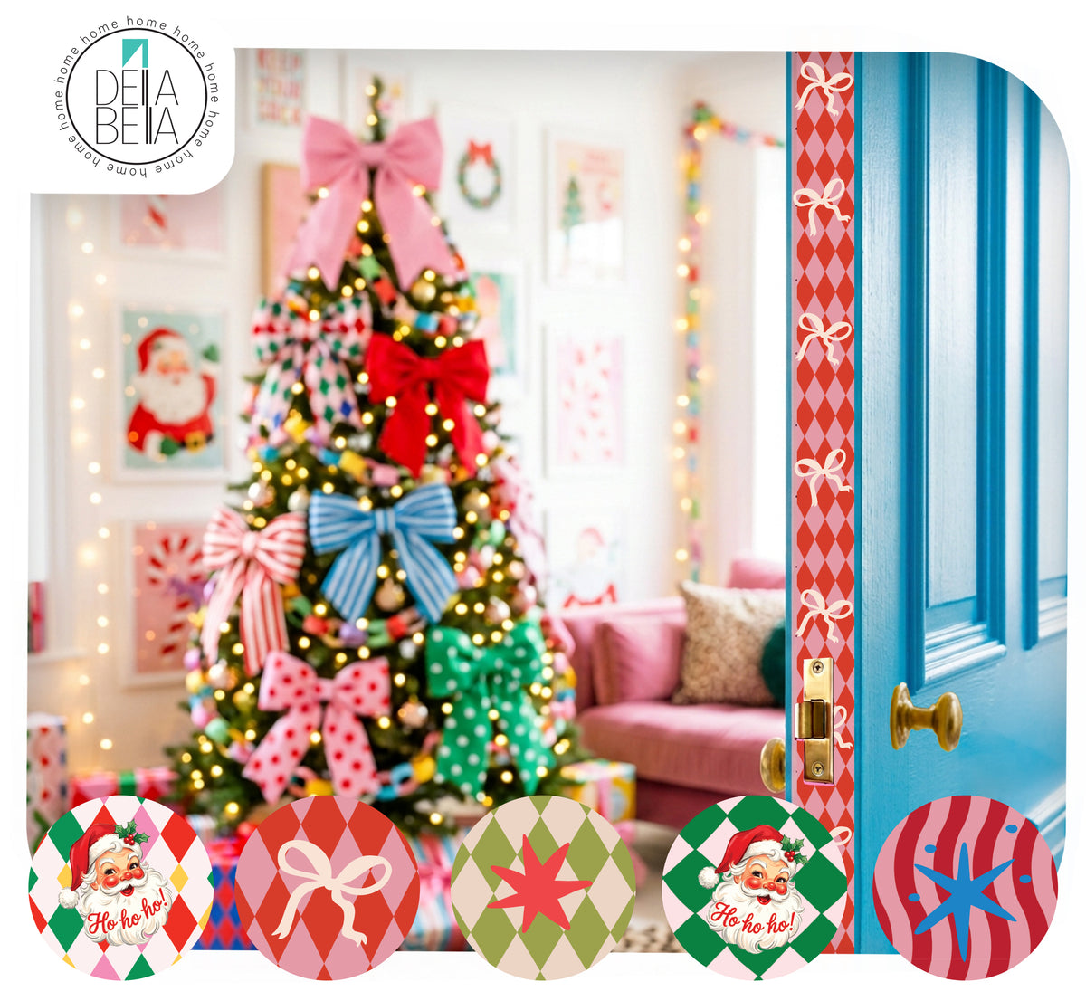 Bright blue interior door featuring a pink coquette bow patterned vinyl door edge sticker, opening into a maximalist Christmas living room with a colourful bow tree.