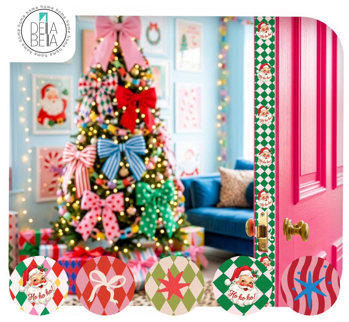Bright pink interior door featuring a green vintage Santa Harlequin patterned door detail strip, opening into a bright and colourful Kitschmas holiday room.