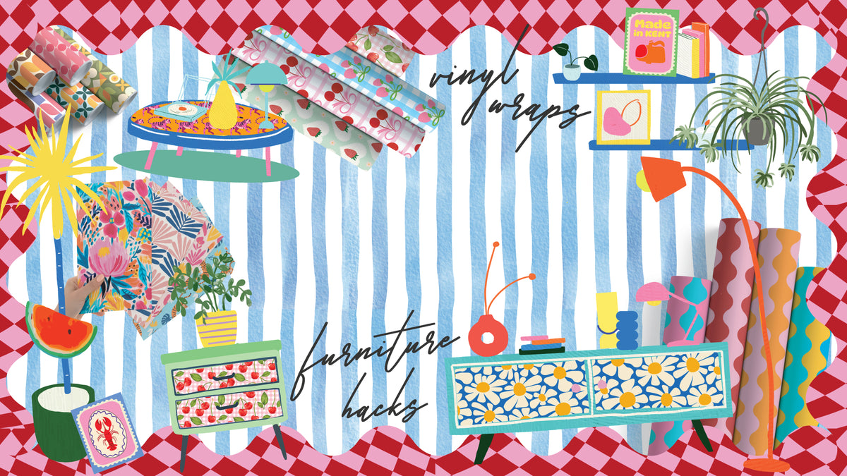 Decorative vinyl wraps with furniture designs on a checkered background
