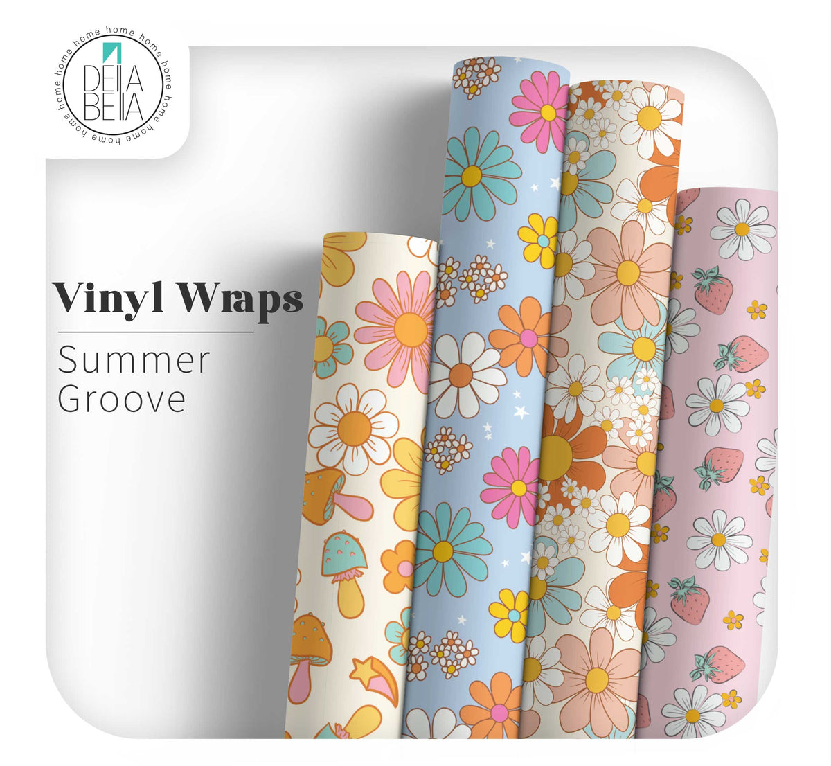 Four rolls of retro floral vinyl wrap for furniture in pastel maximalist summer groove patterns.