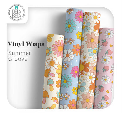 Four rolls of retro floral vinyl wrap for furniture in pastel maximalist summer groove patterns.
