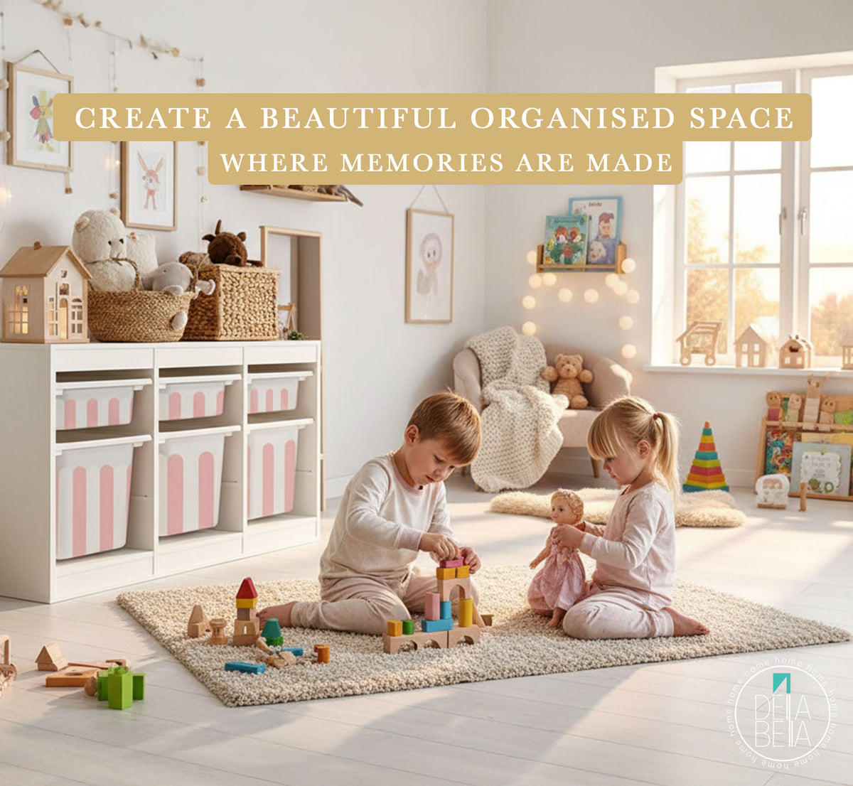 Children playing in a bright, organised playroom with toys and trofast ikea furniture.