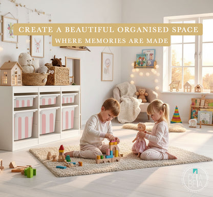 Children playing in a bright, organised playroom with toys and trofast ikea furniture.