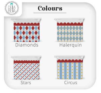 Four containers with different patterned lids labeled 'Diamonds', 'Halerquin', 'Stars', and 'Circus' on a white background.