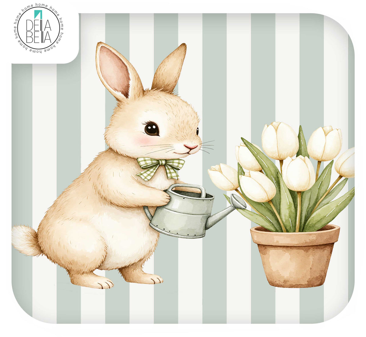 Ikea trofast sticker featuring a beige bunny holding a silver watering can beside a potted plant of white tulips, set against a pale green and white striped background. A circular Della Bella logo appears in the top-left corner.