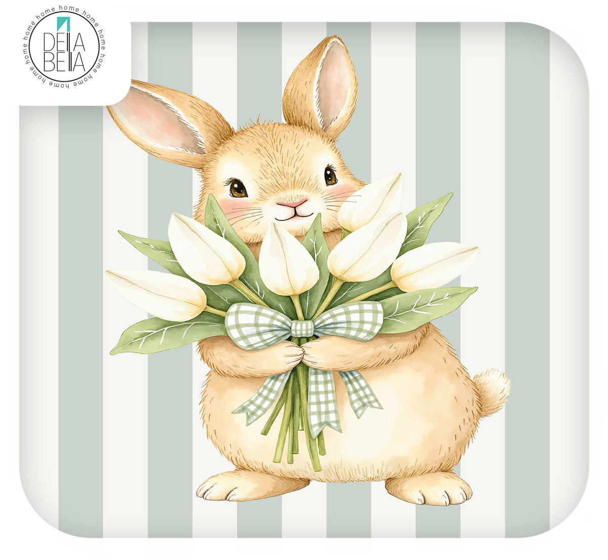 Ikea trofast sticker of a beige rabbit holding white tulips with a green-and-white checkered bow, set against a pale green and white striped background. A Dela Beba logo appears in the top-left corner.