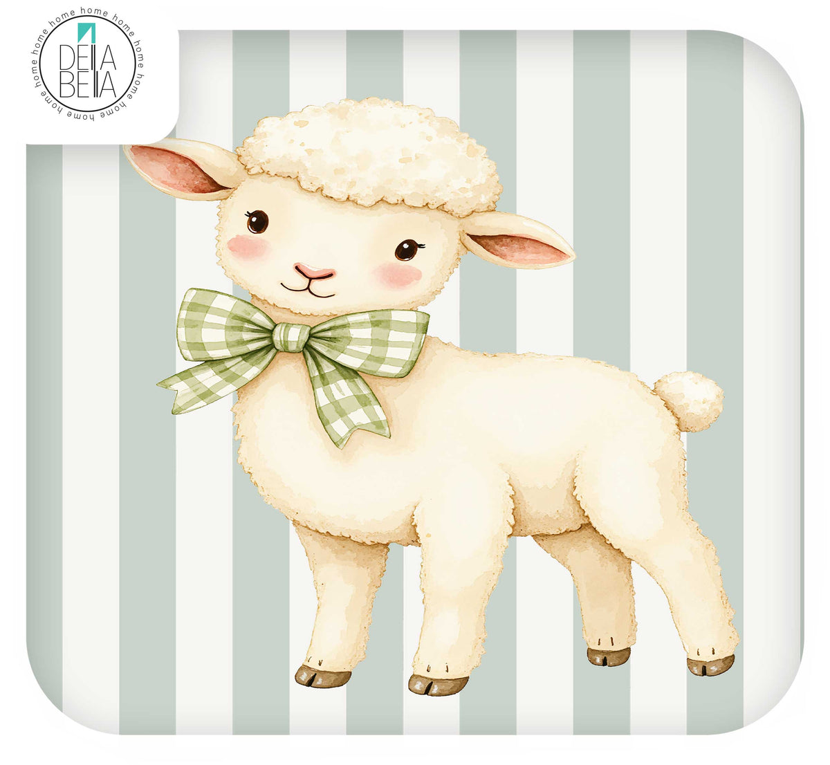 Ikea trofast sticker  featuring a cute cartoon illustration of a fluffy cream-colored baby lamb wearing a green and white gingham bow tie, set against a background of vertical sage green and white stripes. A circular Della Bella brand logo is visible in the top-left corner.