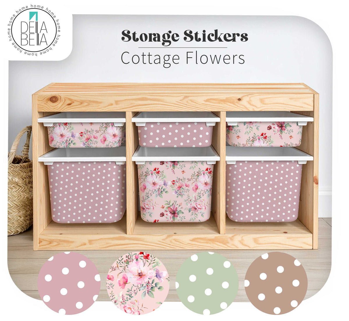 trofast Wooden storage unit with floral and polka dot patterned bins, featuring Delia Bella branding.