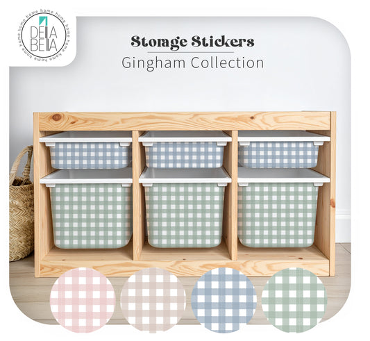 trofast Storage bins with gingham pattern on a wooden shelf, featuring the Dela Bella brand.