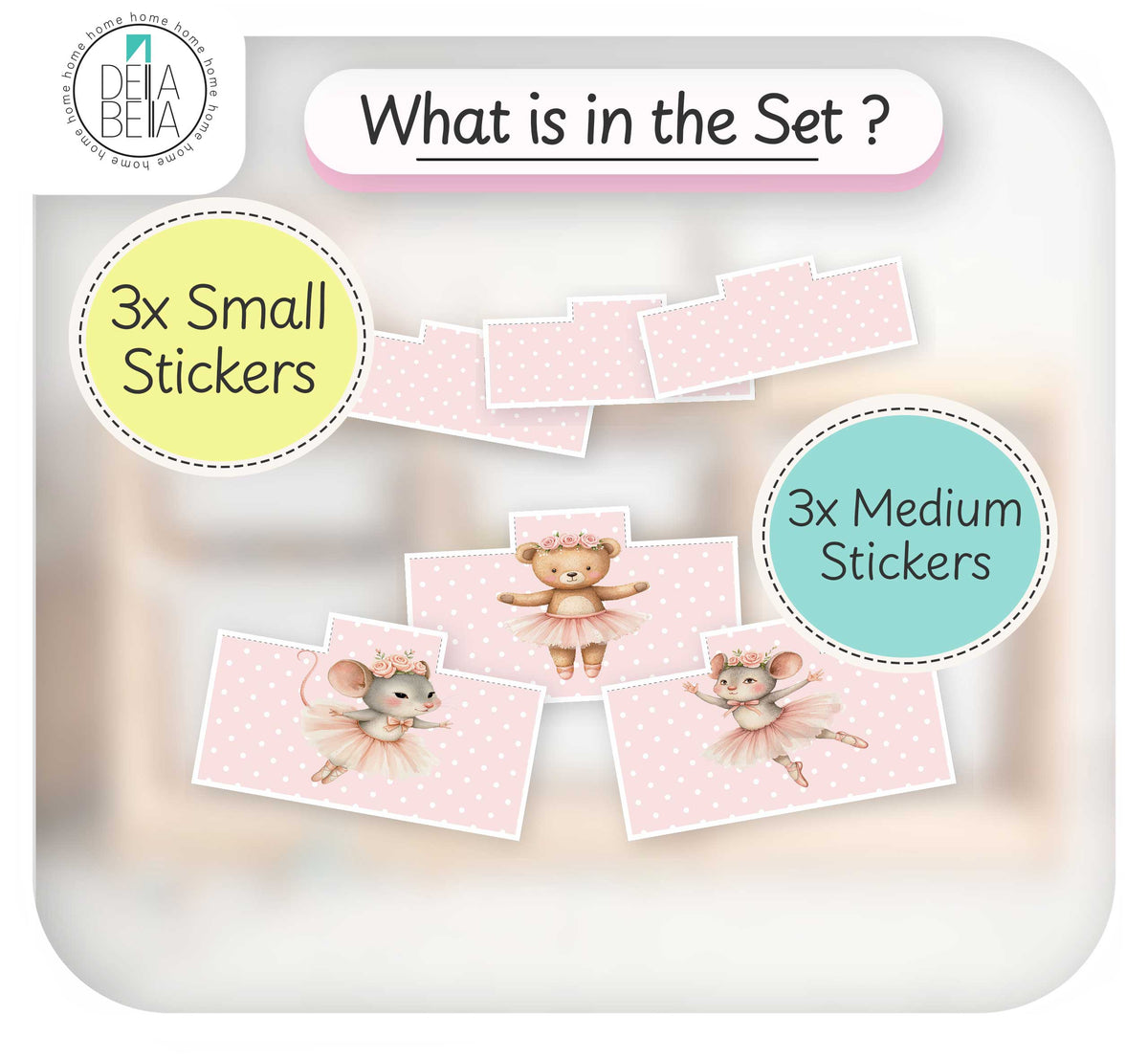Pastel pink polka dot ballerina animal stickers decorating a wooden IKEA Trofast toy storage unit in a girls playroom.

