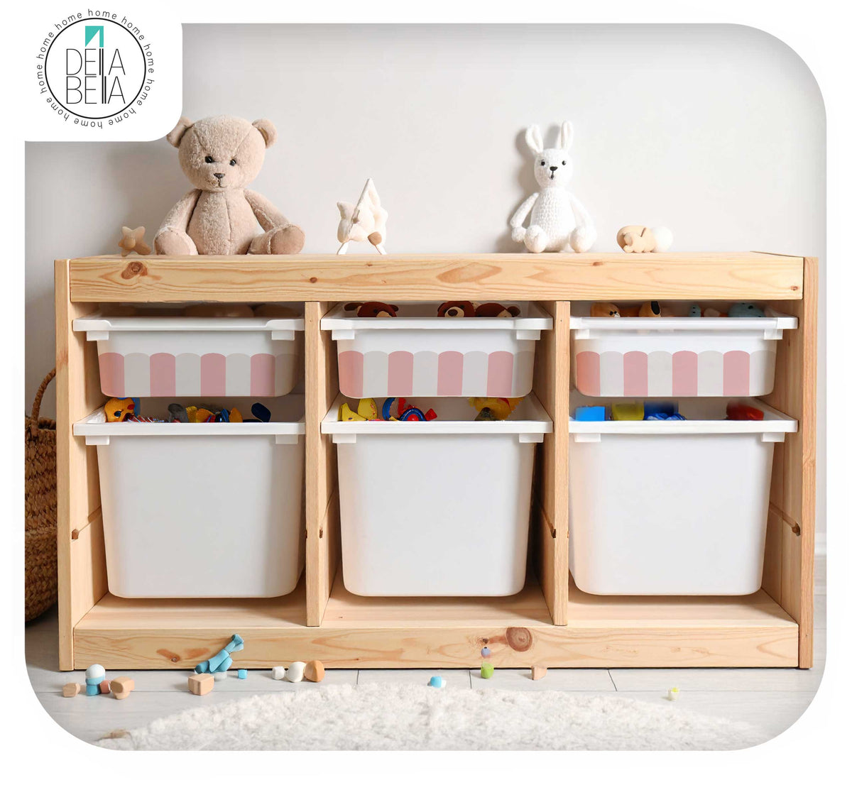 Scallop Edge Storage Box Stickers (Fits IKEA® Trofast) | Nursery Decals - Set of 6 Vinyl Decals for Nursery Storage Bins - Blush, Teal & Camel - IKEA Hack UK