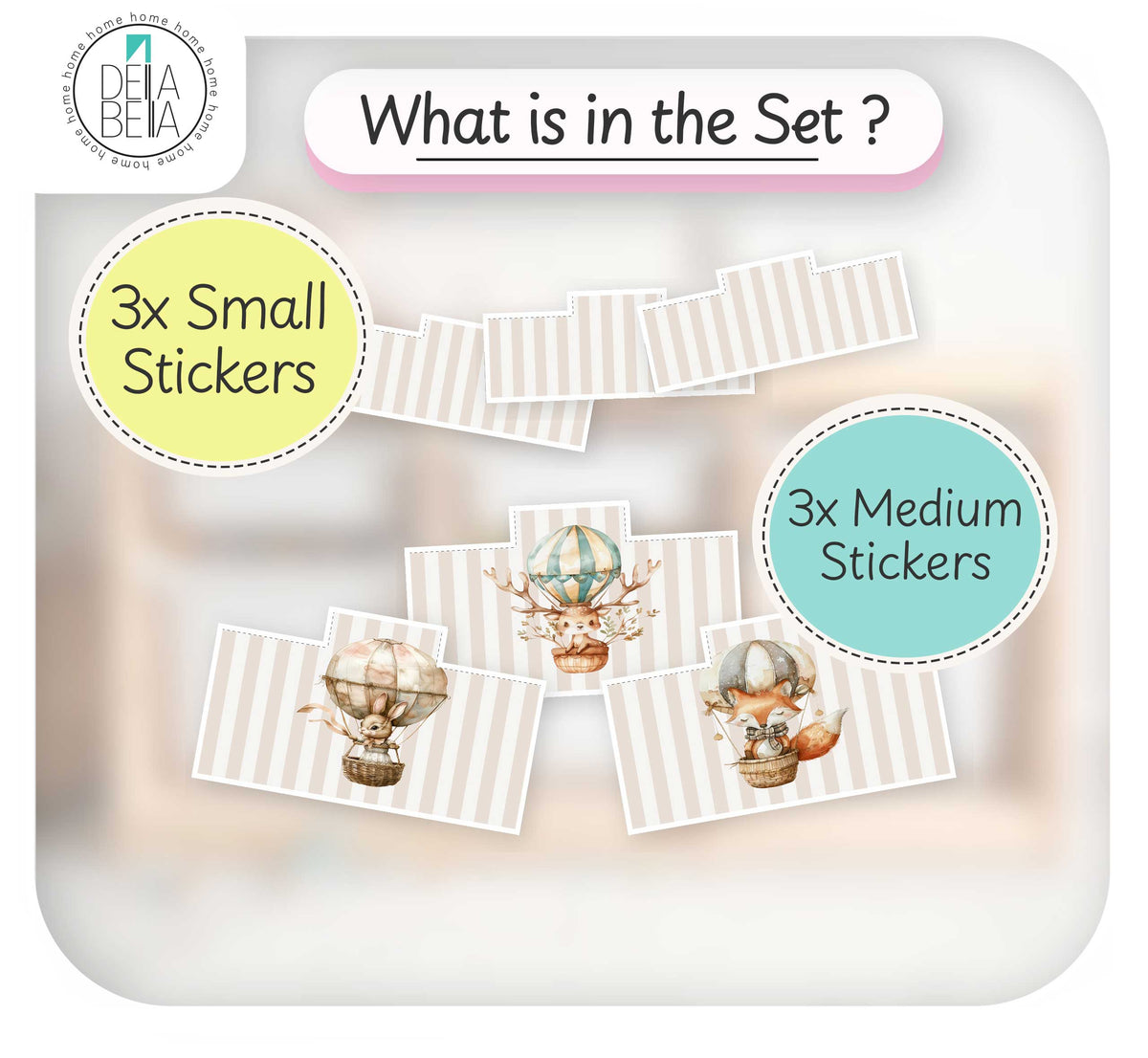 An informational product graphic for a trofast ikea sticker set titled 'What is in the Set ?' showing three small stickers and three medium stickers with vintage hot air balloon illustrations on striped white cards. The set includes a DHA BEHA logo in the top left, a yellow circle reading '3x Small Stickers,' and a light blue circle reading '3x Medium Stickers.