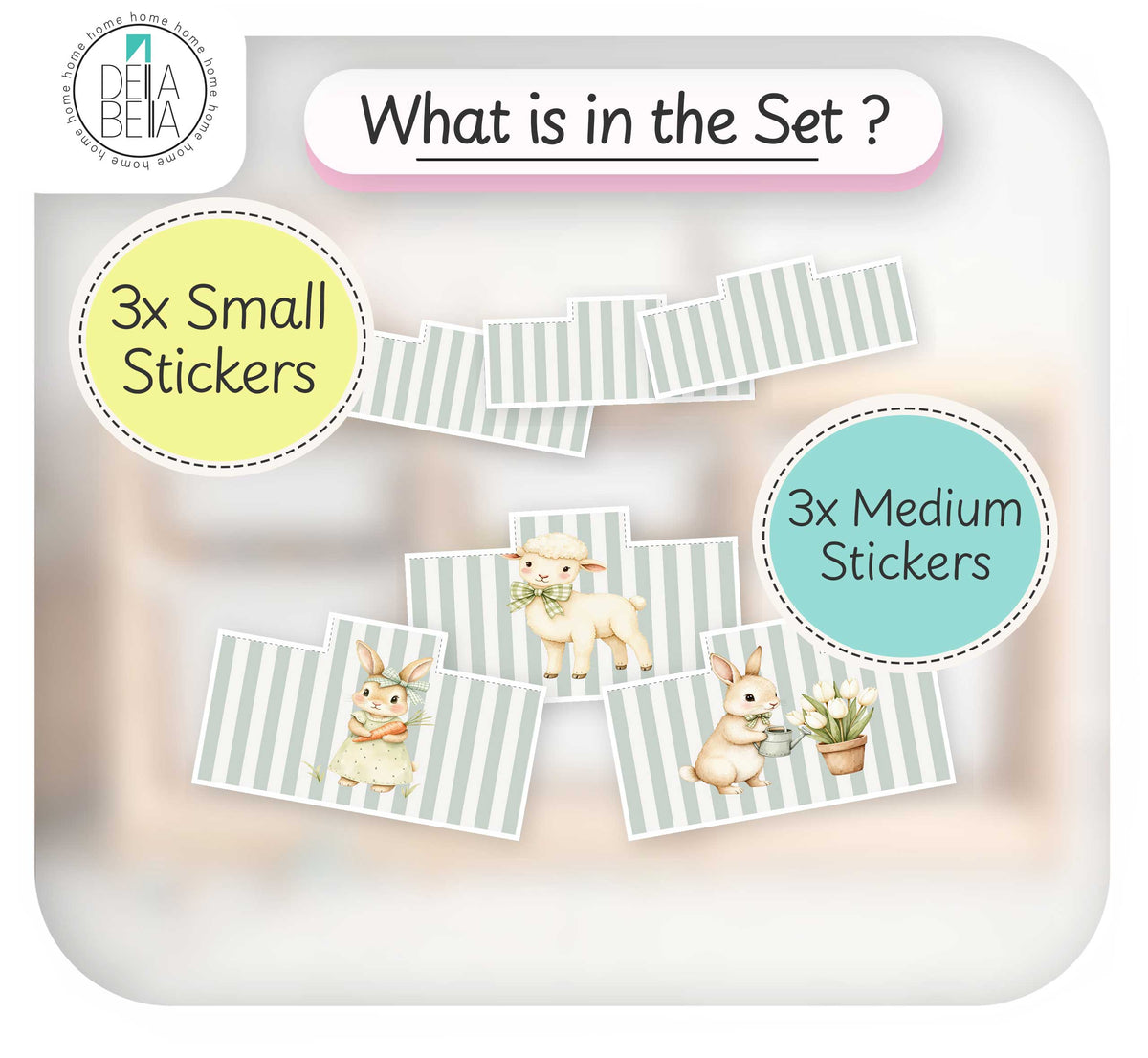 Ikea trofast  for a sticker set, titled 'What is in the Set ?' with two callouts reading '3x Small Stickers' and '3x Medium Stickers.' The graphic shows several pastel striped sticker designs with cute animal illustrations, including bunnies, a lamb, and flowers, on a soft blurred background.