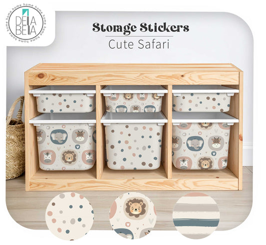 Trofast Storage with woodland stickers with a cute safari design on a wooden shelf with storage bins.
