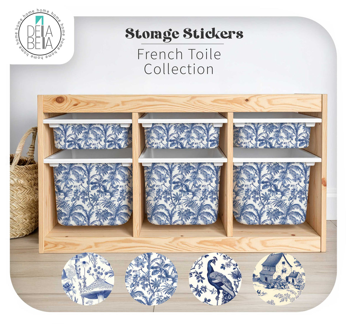 trofast ikea Storage stickers with blue floral design on a wooden shelf against a white background.