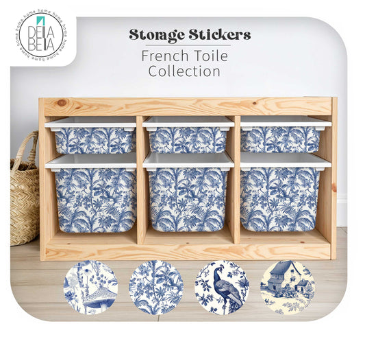 trofast ikea Storage stickers with blue floral design on a wooden shelf against a white background.