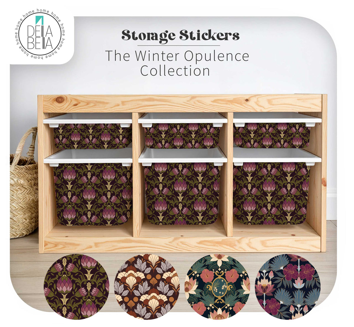 A wooden IKEA Trofast storage unit holding six white bins, decorated with Della Bella's Winter Opulence Collection vinyl stickers. The bottom highlights circular close-ups of the dark floral and Art Deco patterns.