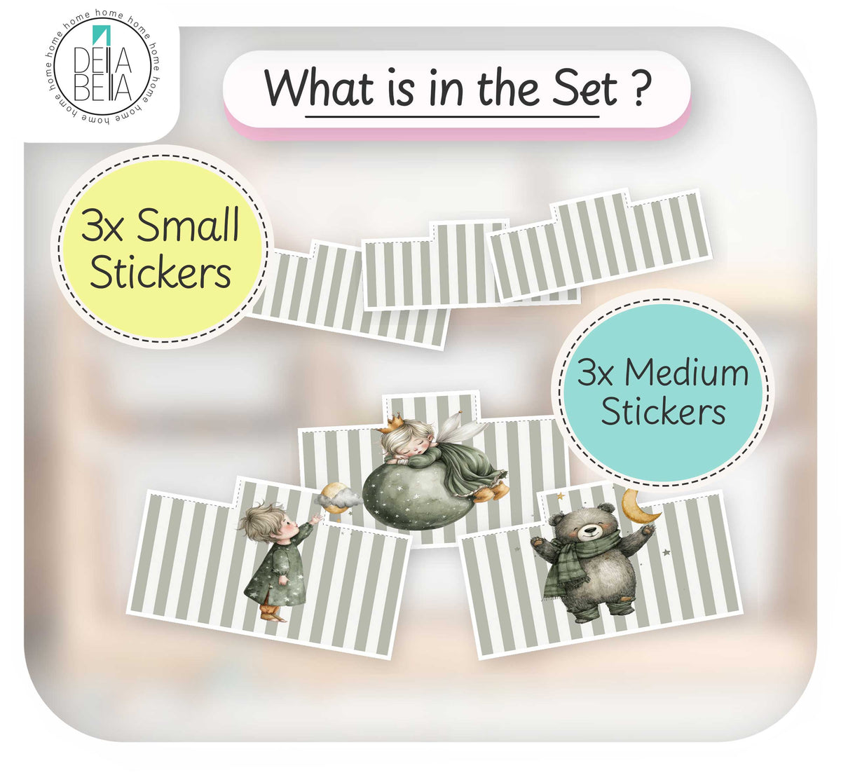 A product information graphic for a sticker set, showing the text 'What is in the Set ?', '3x Small Stickers', and '3x Medium Stickers' around illustrated sample stickers. The stickers feature a whimsical woodland theme with a sleeping bear, a child in a coat, and a bear holding a crescent moon, all on gray-and-white striped backgrounds.