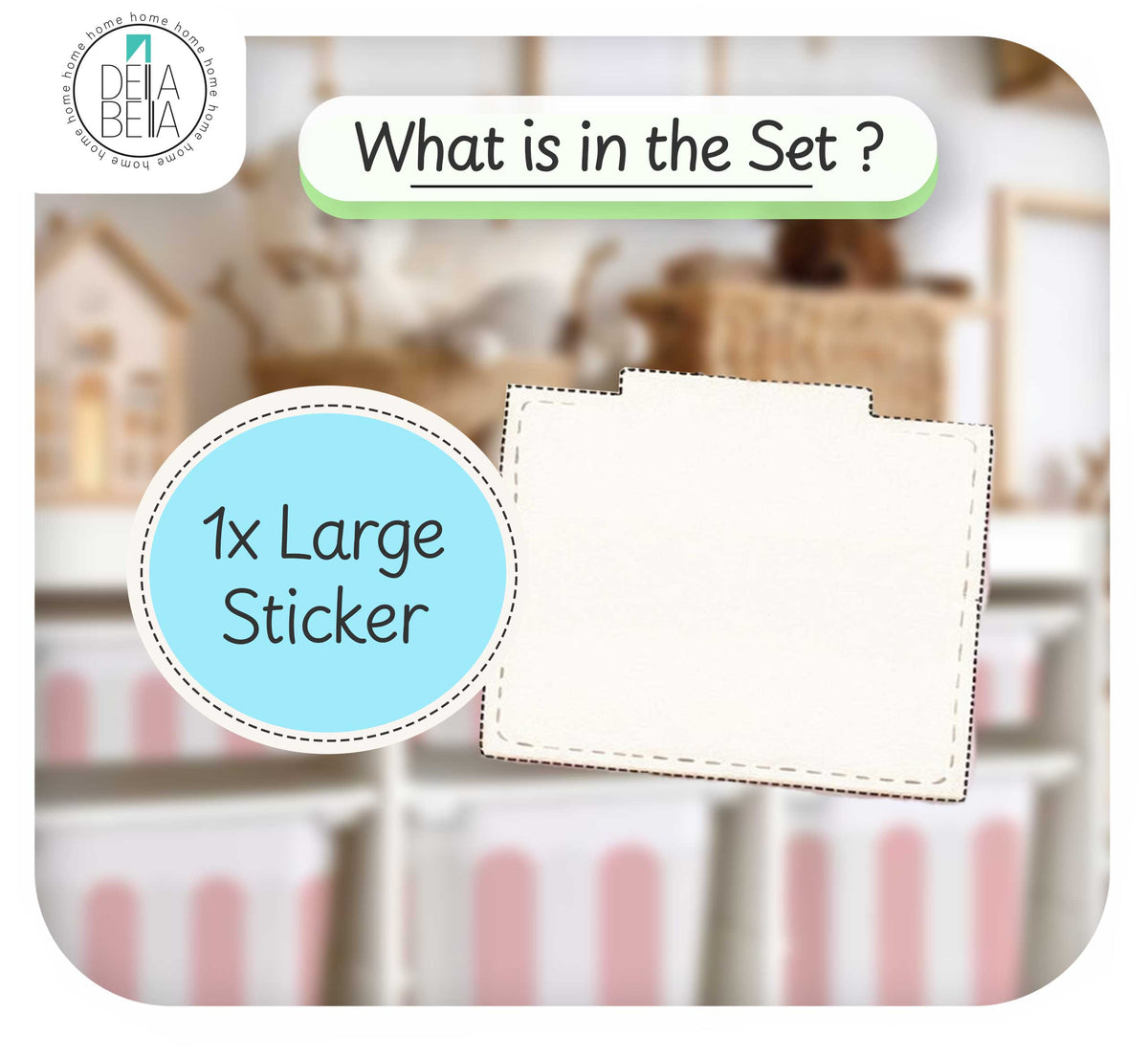 Large sticker with text overlay on a blurred background