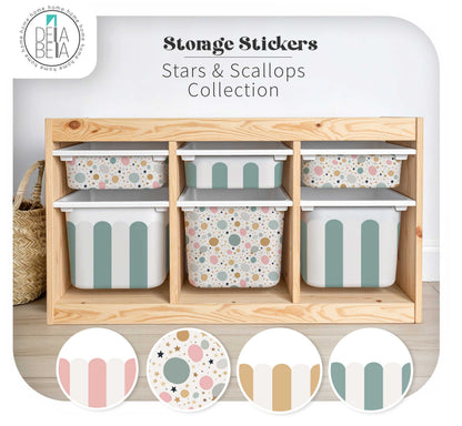 stickers for ikea Trofast Storage bins with patterned lids in a wooden organizer, featuring the Delia Bella brand.