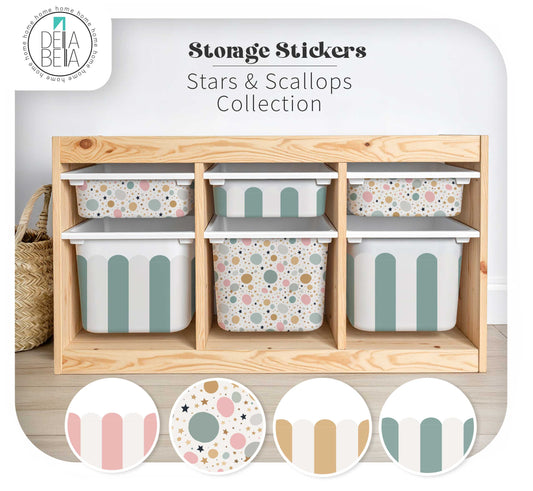 stickers for ikea Trofast Storage bins with patterned lids in a wooden organizer, featuring the Delia Bella brand.