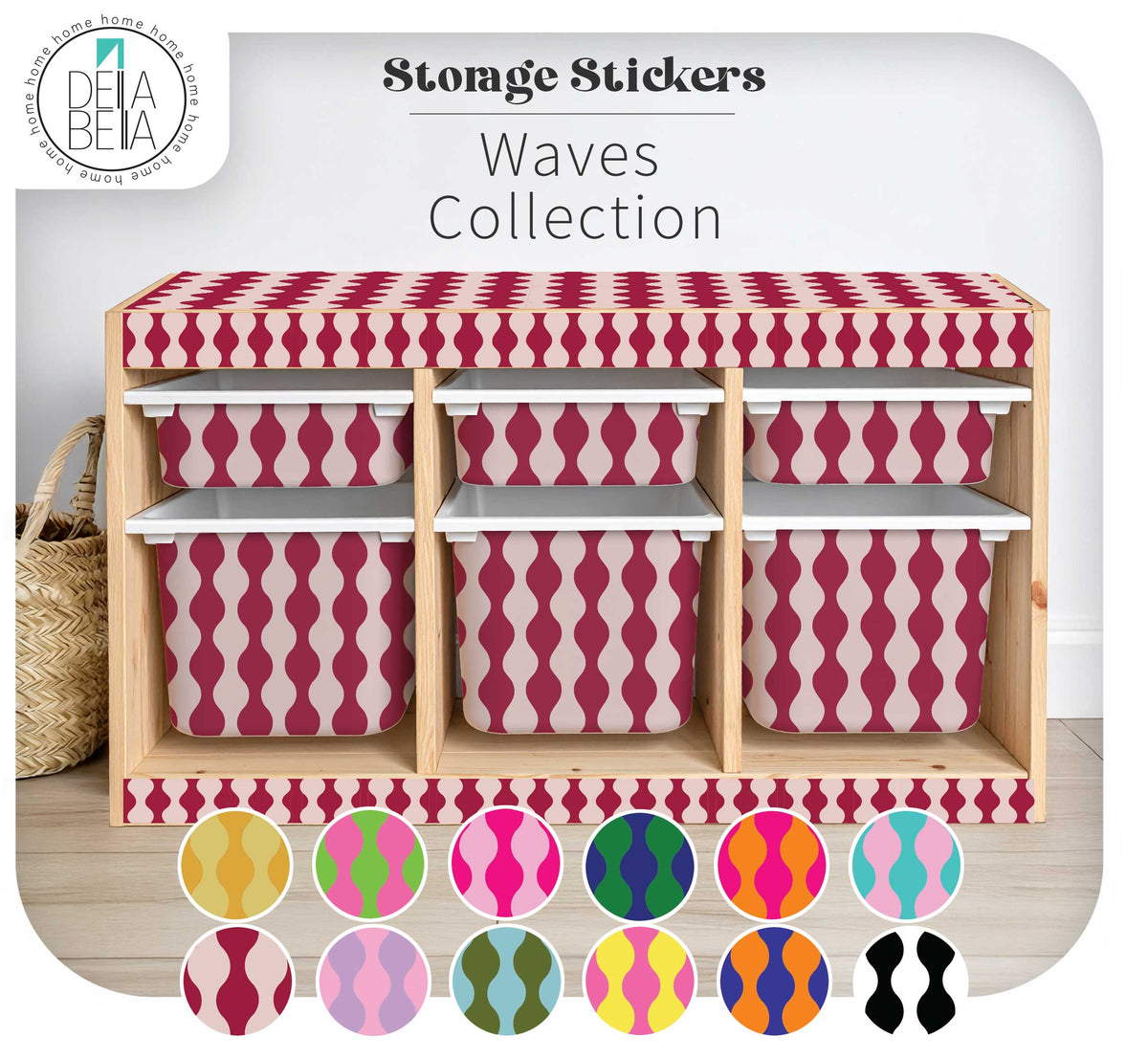 IKEA Trofast unit customised with colourful retro Squiggly Stripe stickers on the top and drawer fronts, creating a vibrant and playful IKEA hack for a child's playroom.
