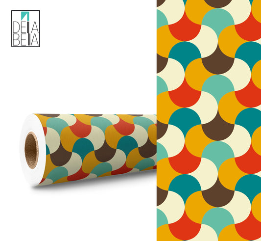 A roll of multicolored geometric patterned vinyl wrap for furniture and other surfaces.